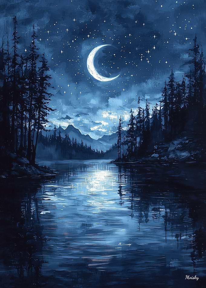 Moonlit Lake Reflection in Monochrome Blue