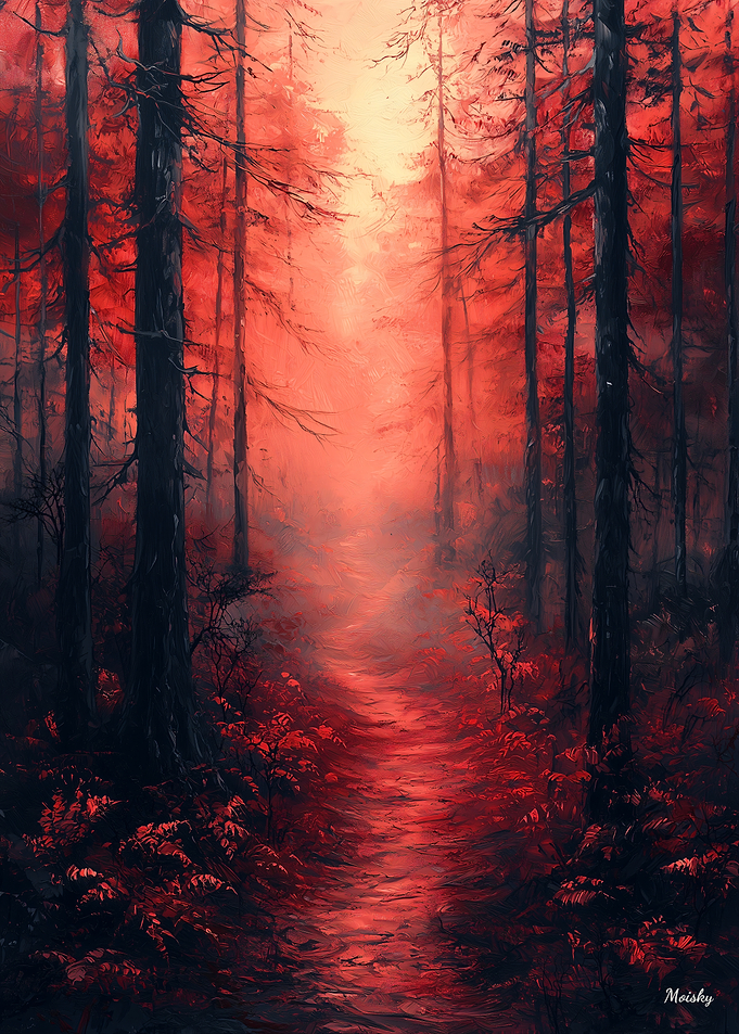 Enchanted Crimson Forest in Monochrome Red