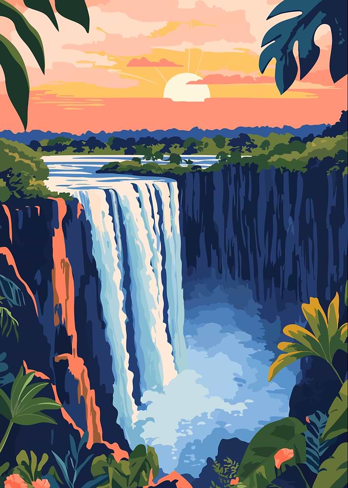 Water Falls Sunset in Africa Art