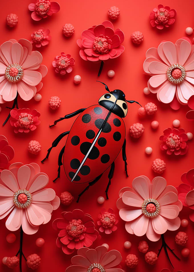 Vibrant Ladybug Amidst Red Flowers Nature Art