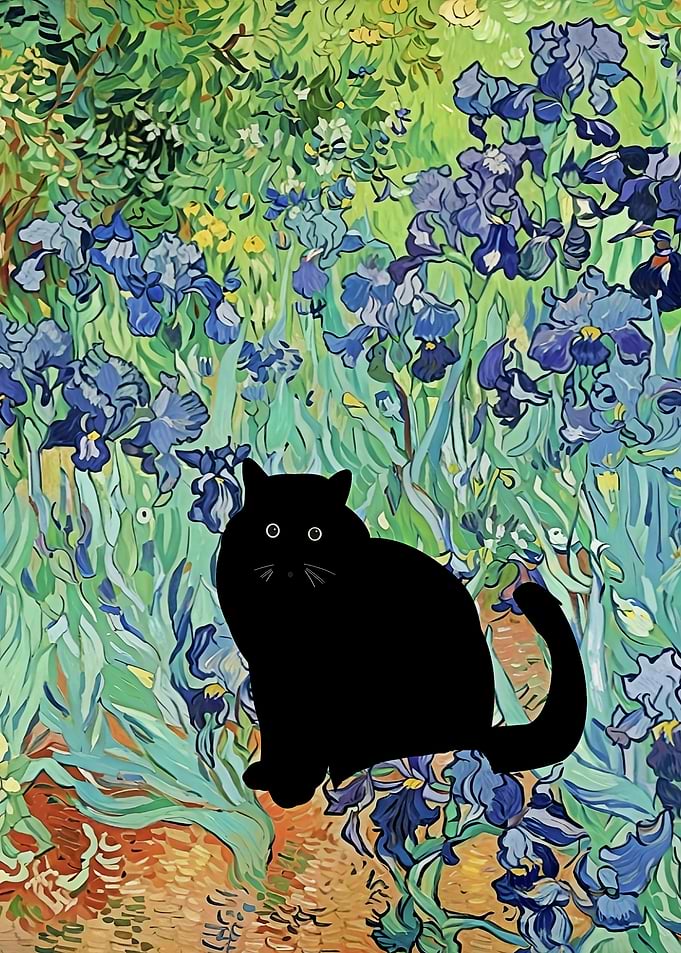 Black Cat in Iris Field