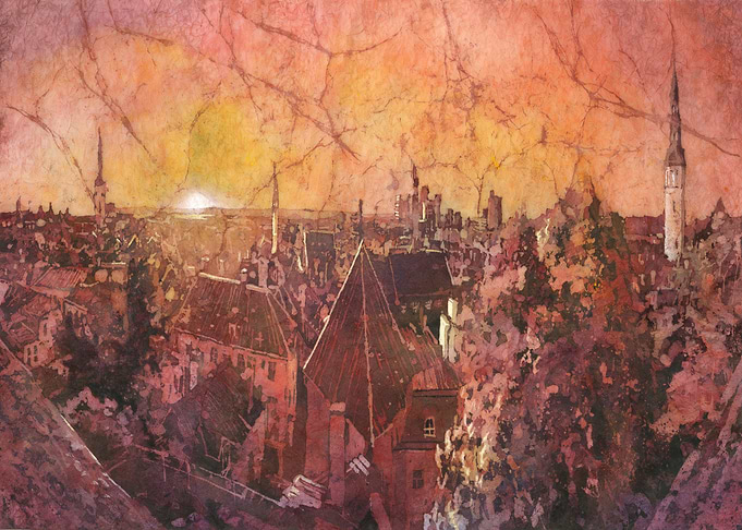 Tallinn Estonia Sunset Cityscape Watercolor