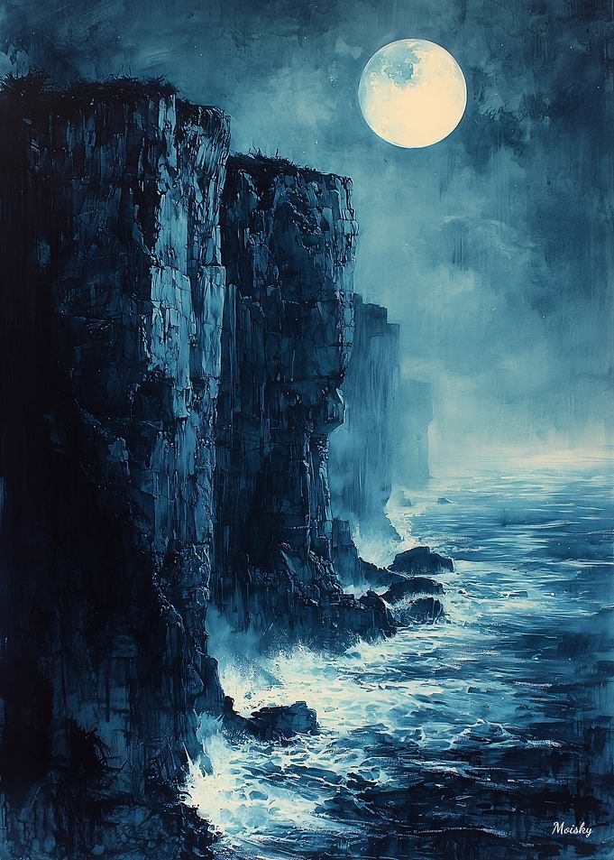Moonlit Ocean Cliffs in Monochrome Blue