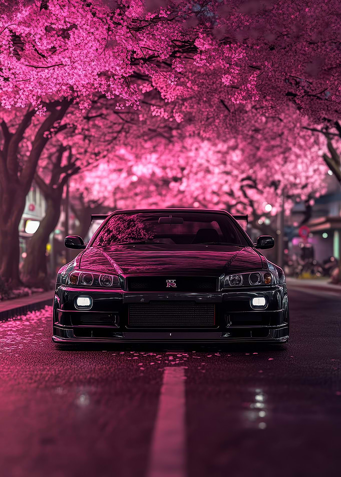 Nissan Skyline R34 Under Cherry Blossoms