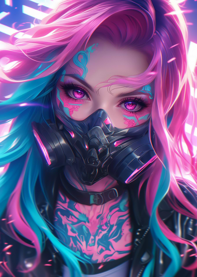 Neon anime Tattoo Girl With Mask