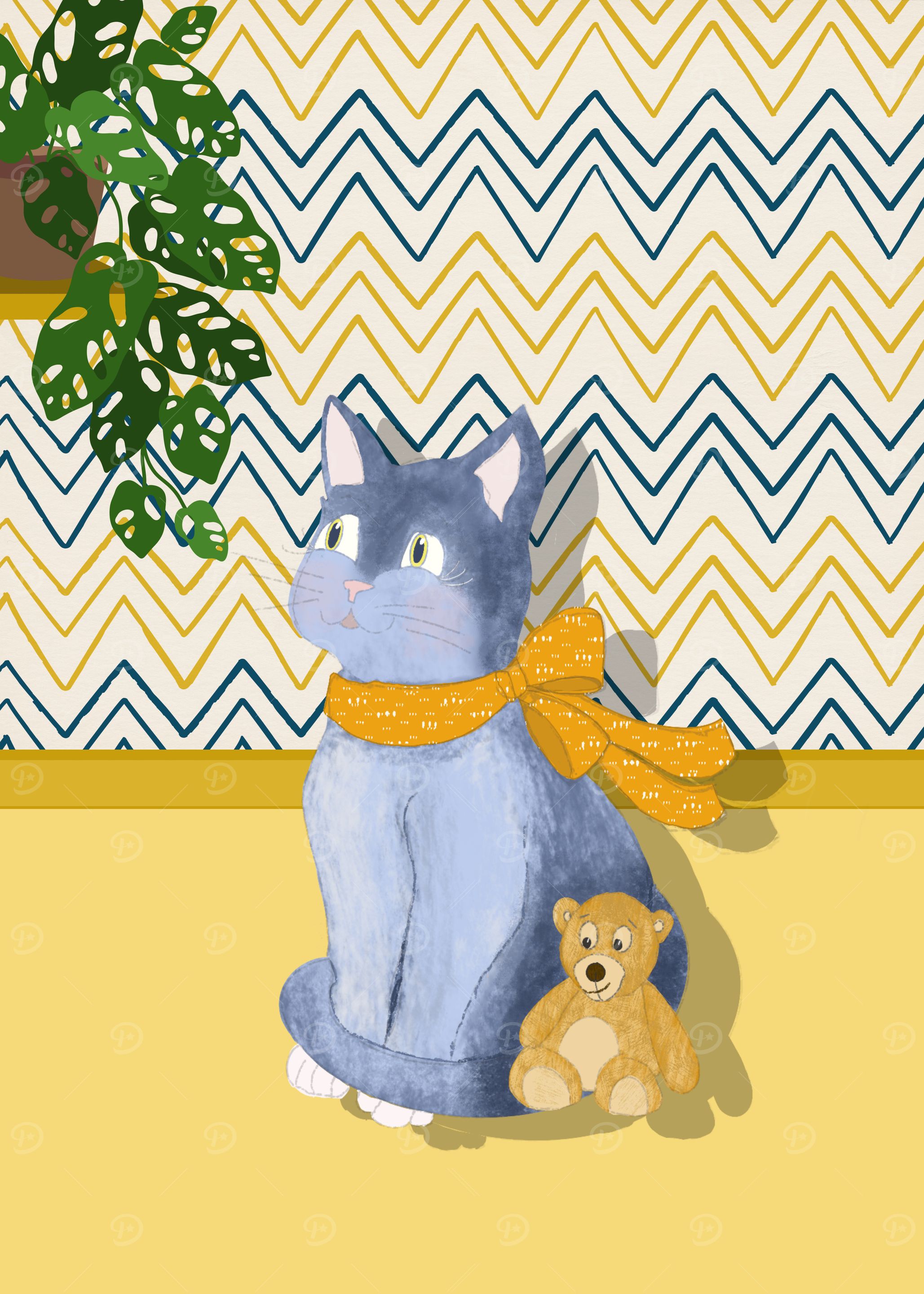 Friends - Cat with Teddy Bear Illustration