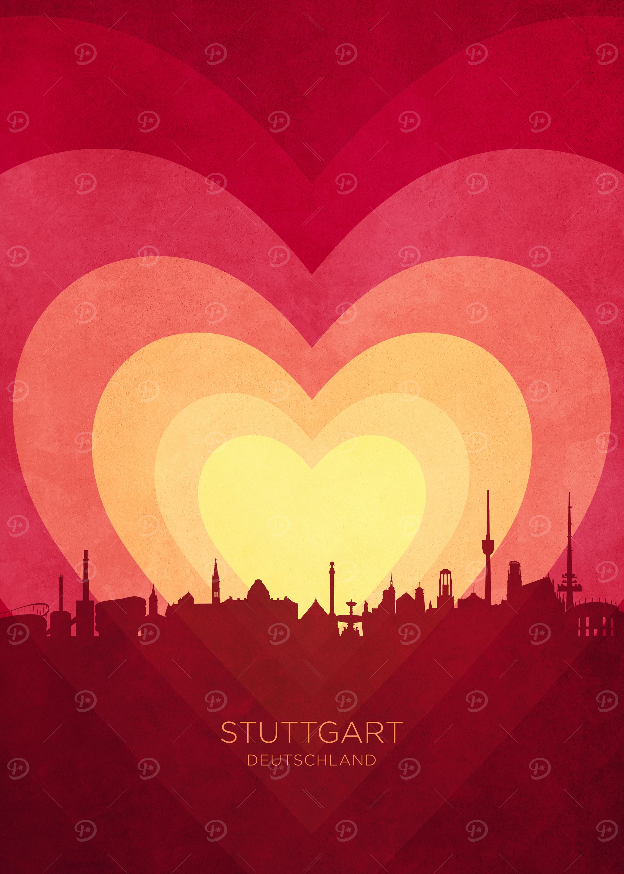 Stuttgart Germany Skyline Hearts Red Yellow