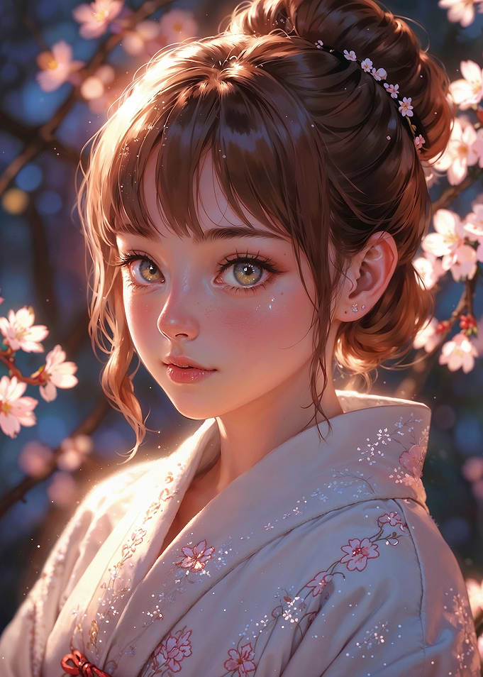 Anime Girl in Kimono: Blossom's Embrace