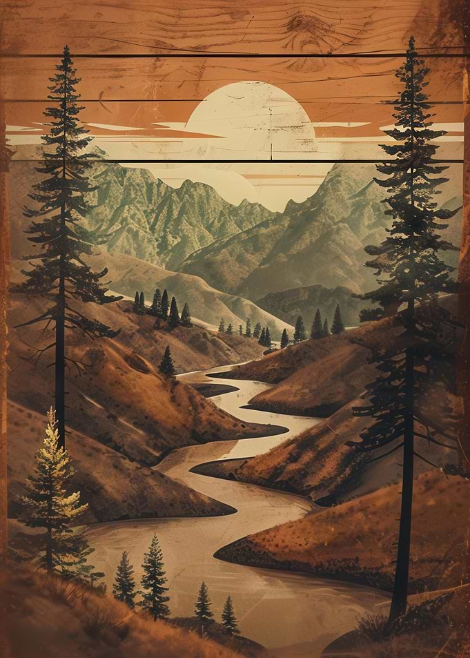 Mountains at River by Sunset