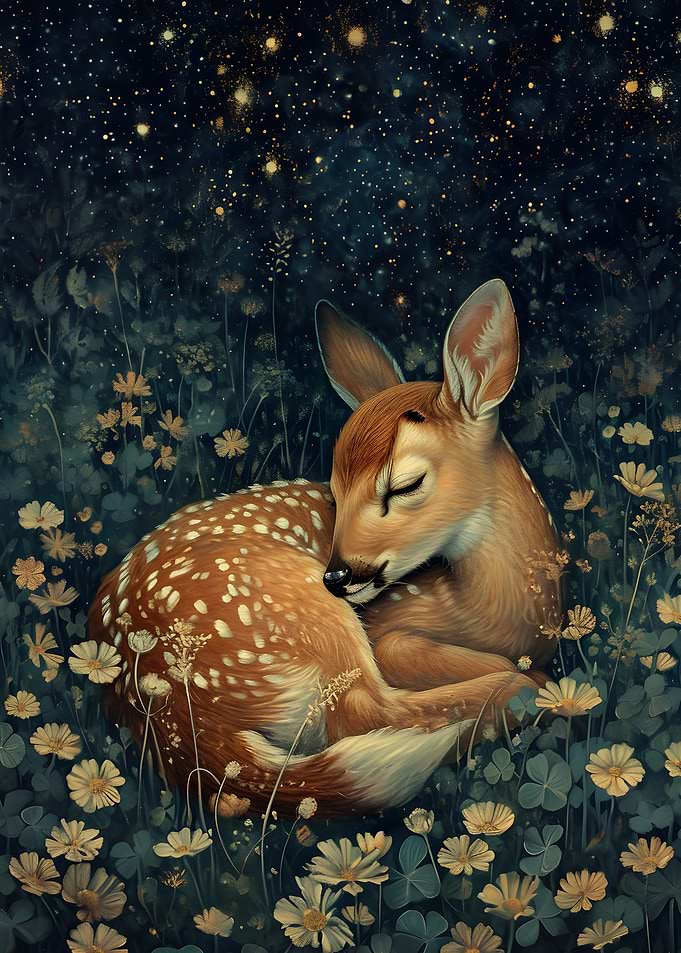 Sleeping Fawn Under Starry Night Sky