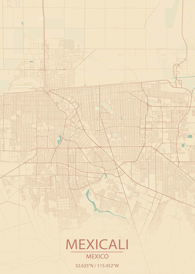 Mexicali Mexico Vintage Style City Map