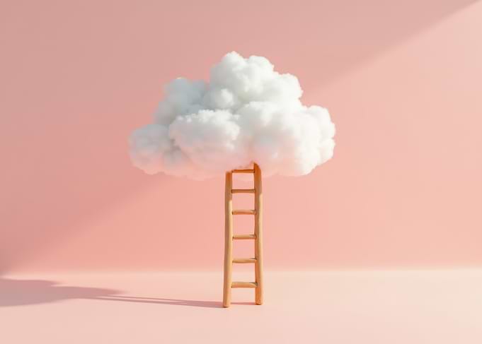 Ladder to cloud cartoonish pink sky