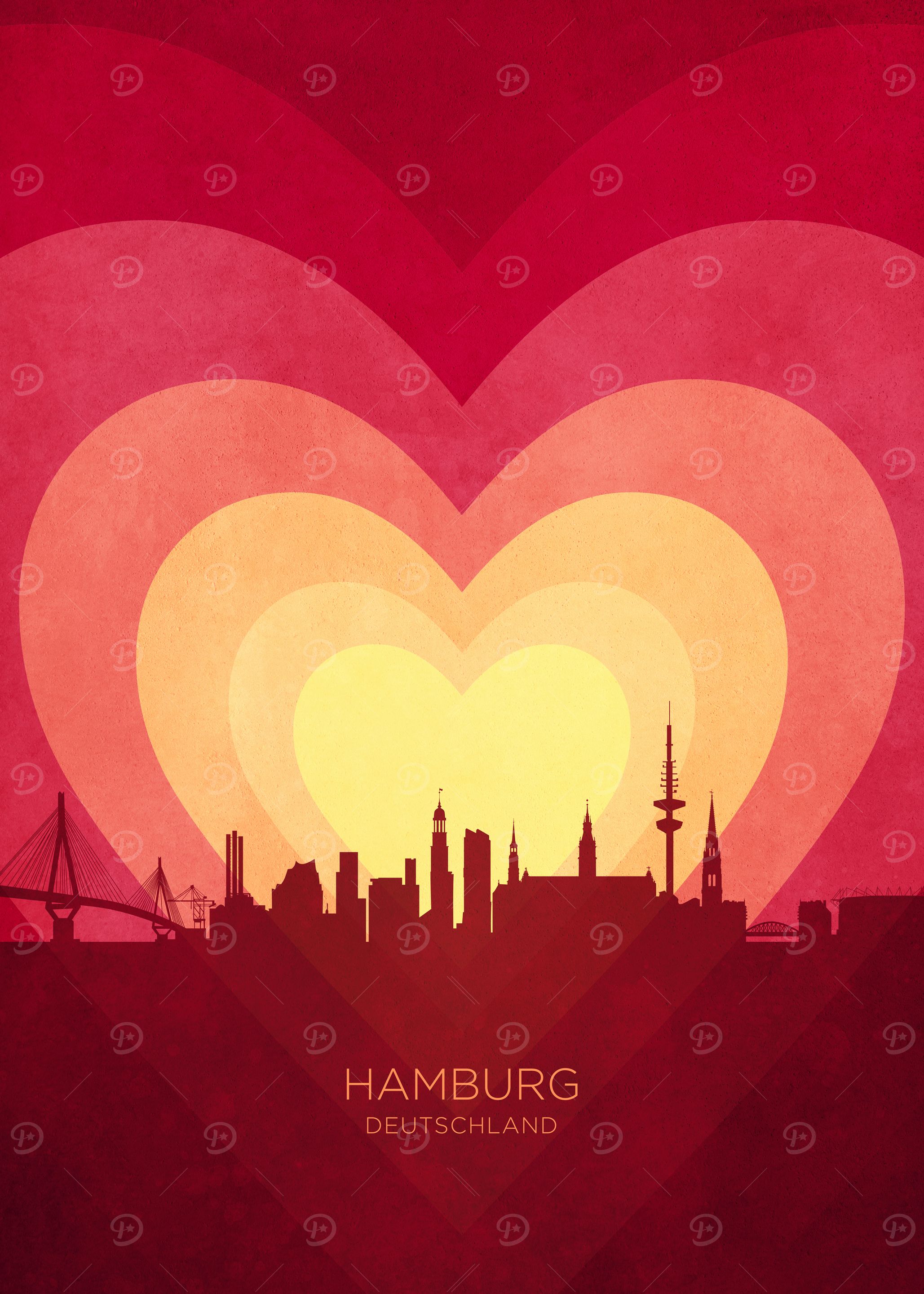 Hamburg Germany Skyline Hearts Red Yellow