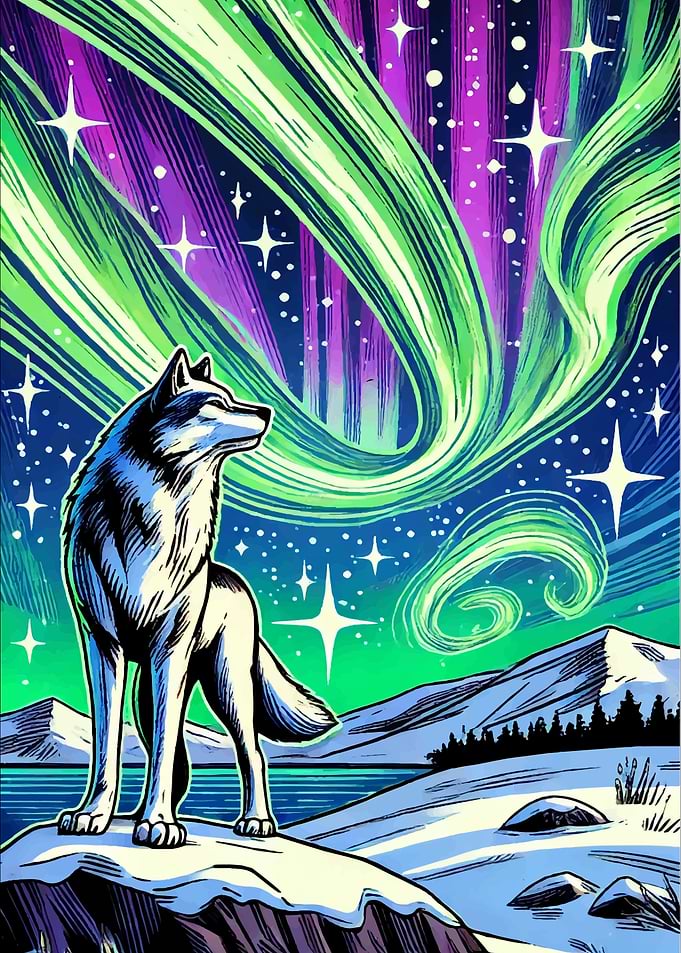 Wolf Under Aurora Borealis