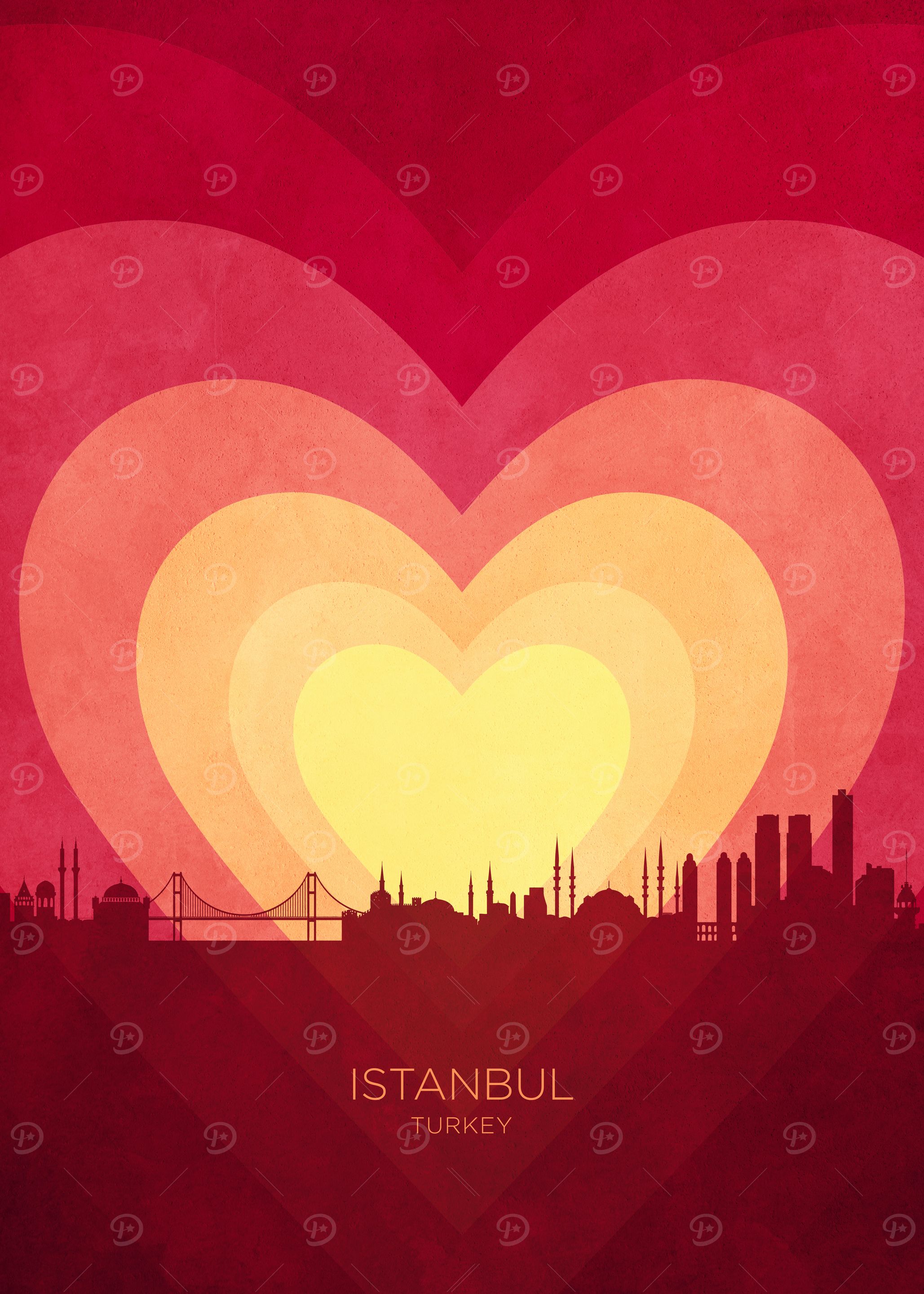 Istanbul Turkey Skyline Hearts Red Yellow