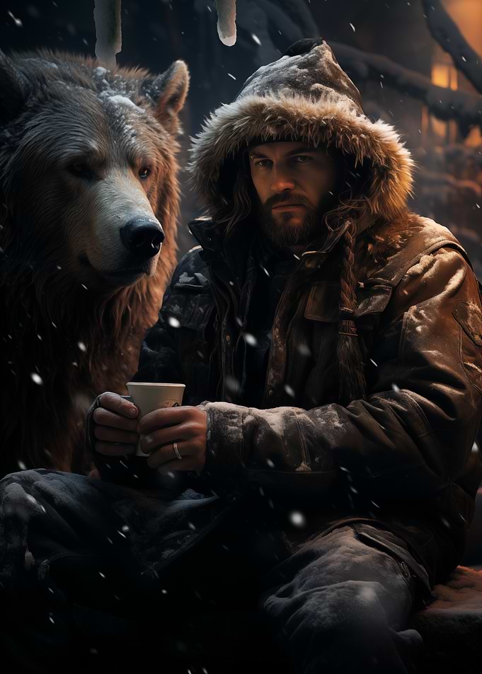 Man and Bear in Snowy Wilderness