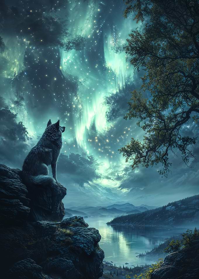 Wolf Under Aurora Borealis