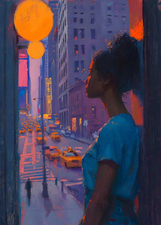 Woman Looking Out Window at City