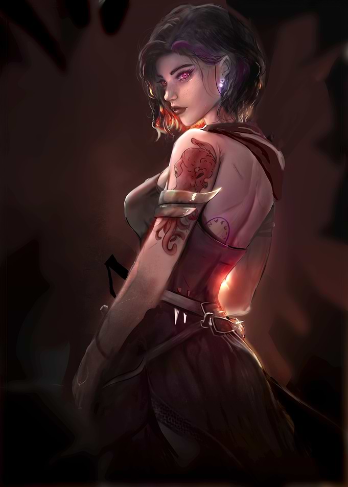 Dark Tattooed Woman with Octopus Ink and Purple Hair