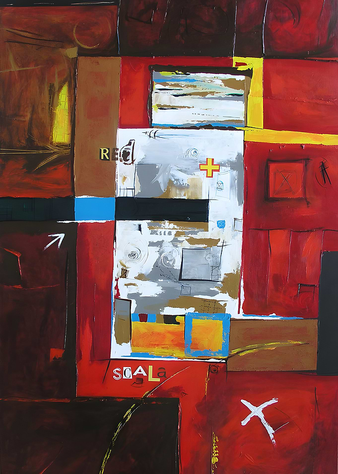 Abstract Painting Urban Architecture with Squares, Lettering and Collage
