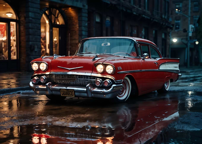 Classic Red Car in City