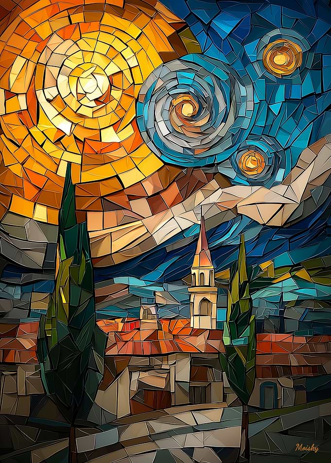 Starry Night Stained Glass Mosaic Artwork