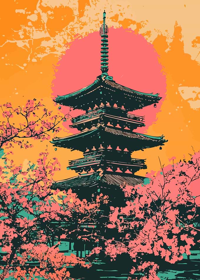 Japanese Pagoda Sunset Minimalist Art