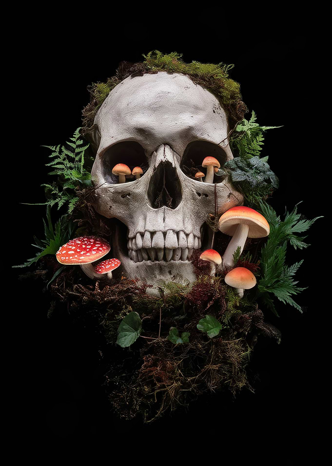 Skull with Mushrooms