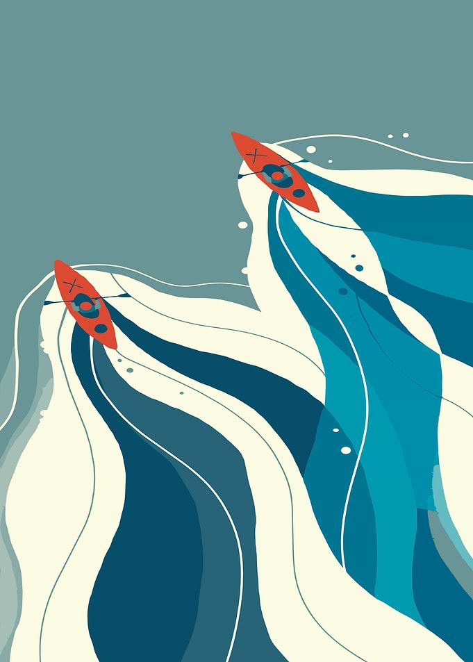 Kayaks on Wavy Sea