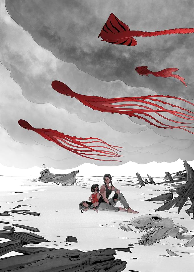 Red Tentacles Over Wreckage