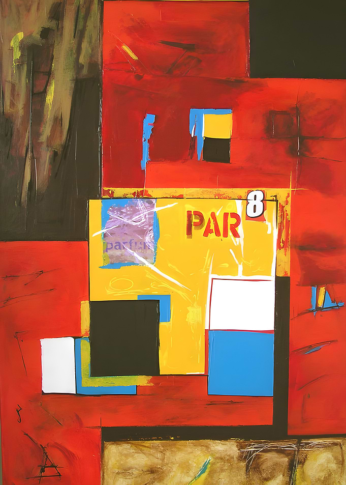 Abstract Painting Urban Architecture with Squares, Lettering and Collage