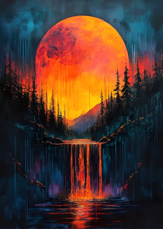 Fiery Waterfall Under Blood Moon