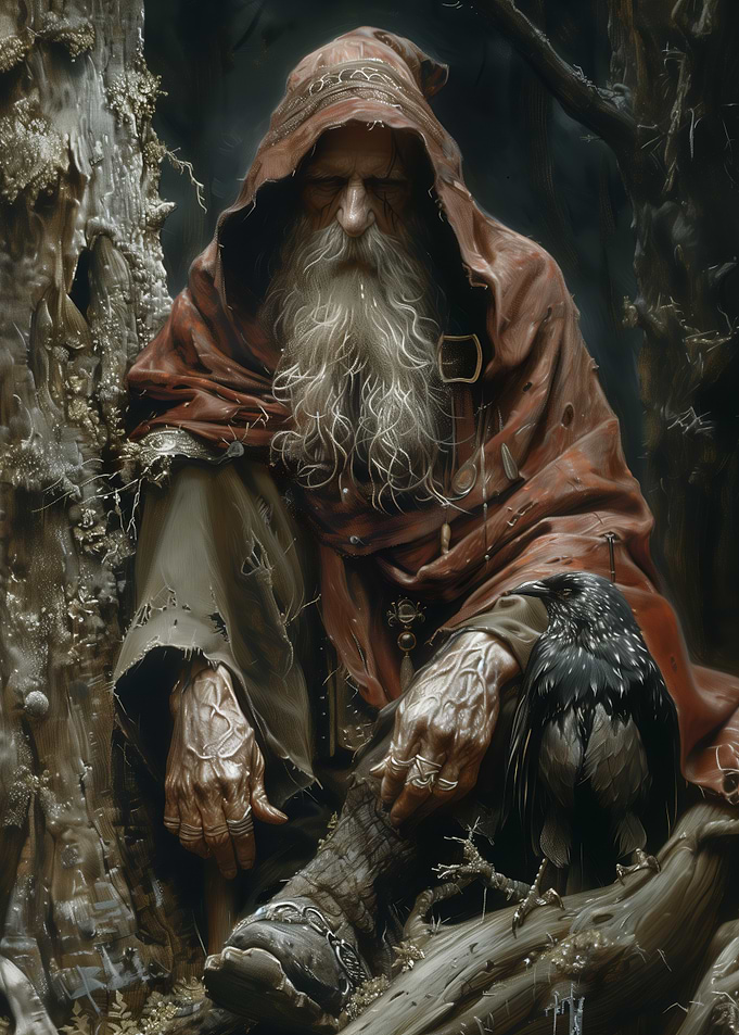 Elderly Wizard with Raven
