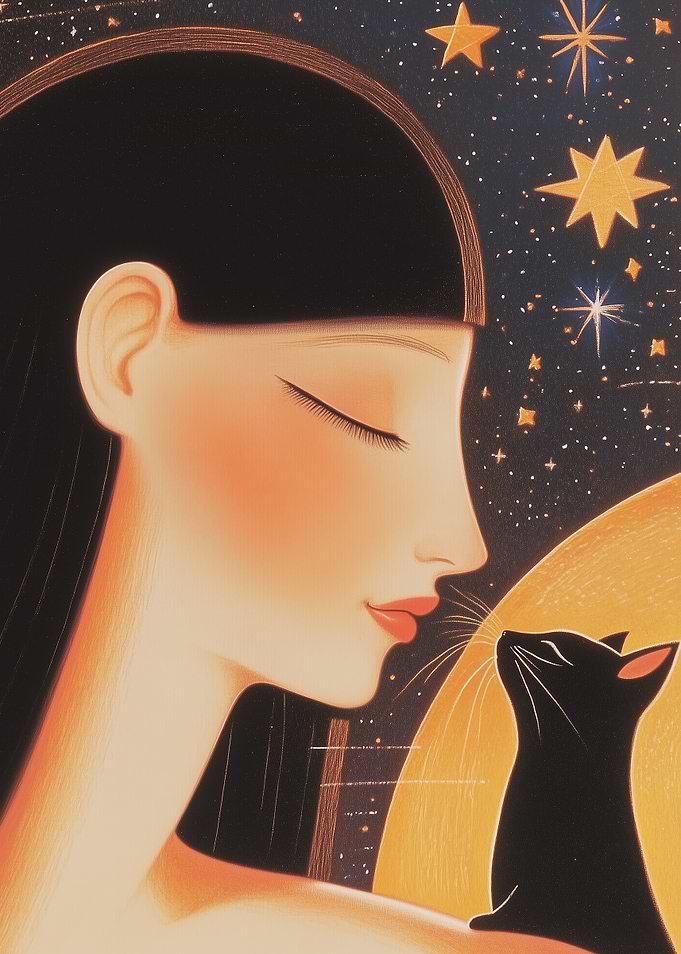 Woman and Cat Under Stars