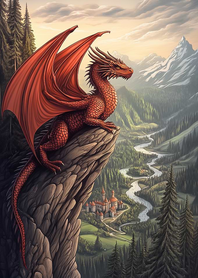 Red Dragon on Mountaintop