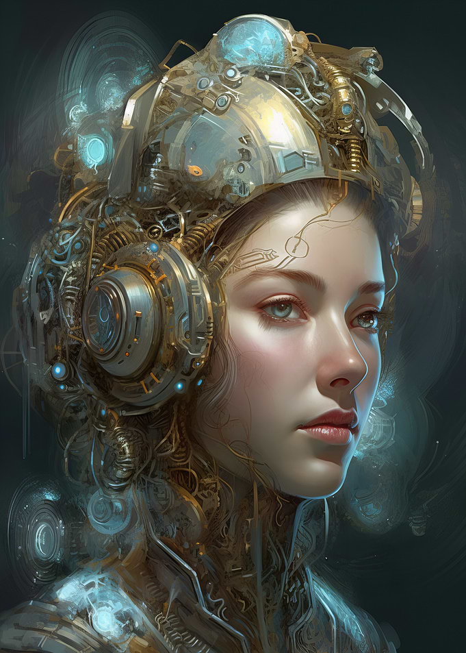 Cyberpunk Woman with Mechanical Headpiece