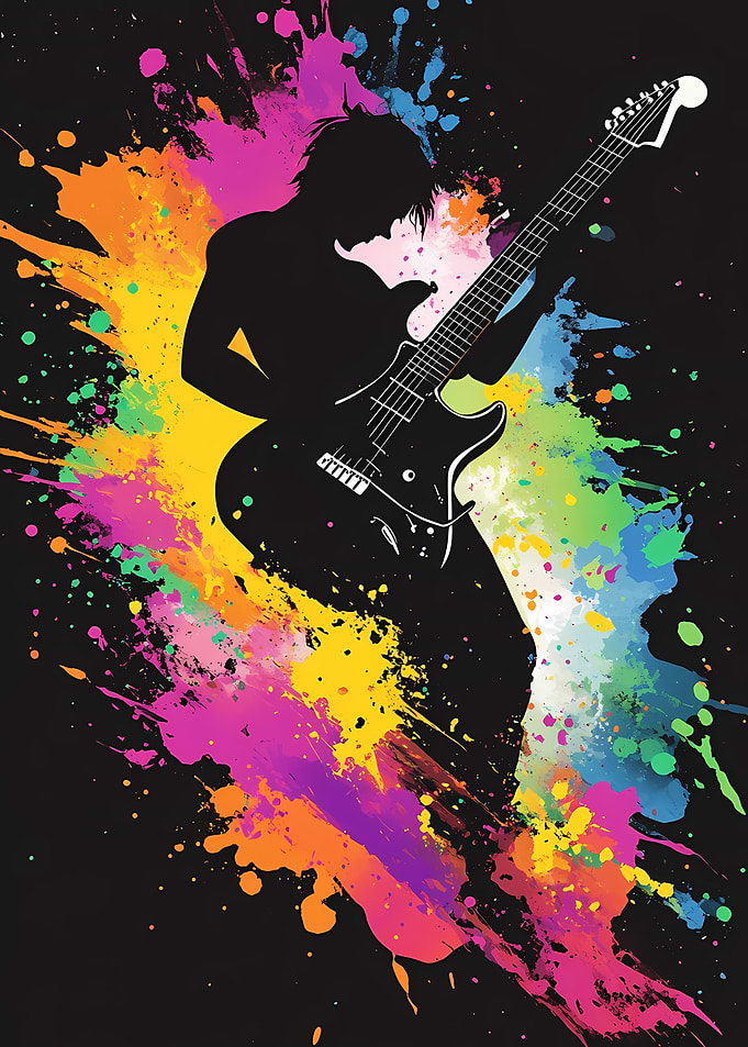Guitarist Silhouette with Colorful Splashes