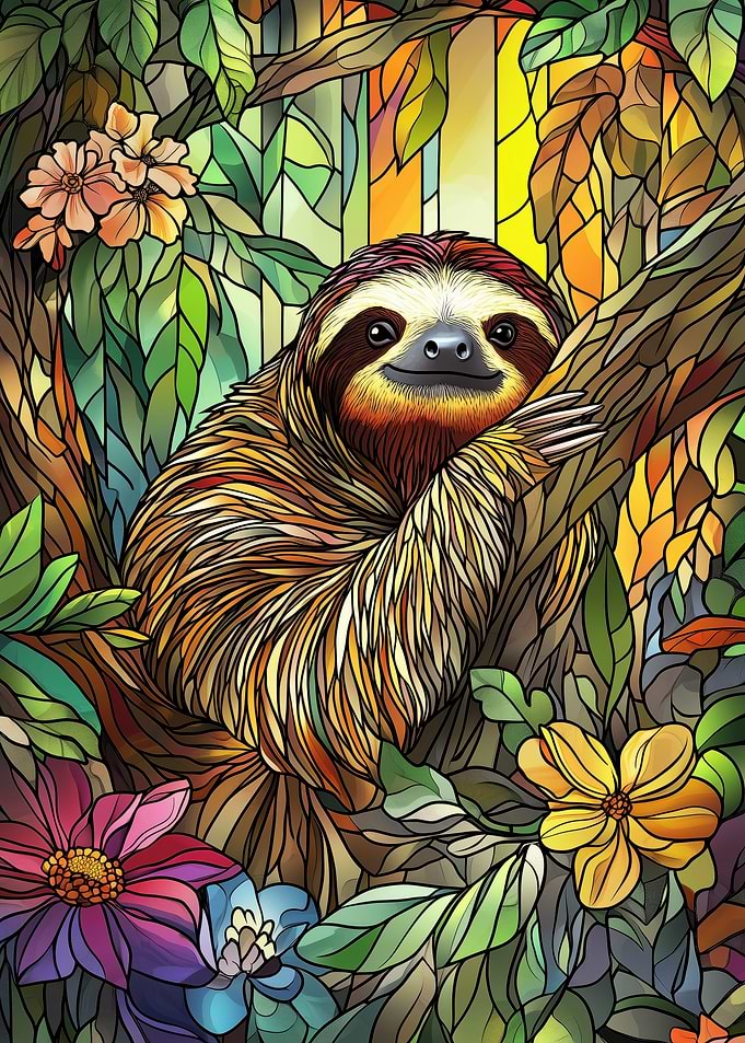 Sloth in Jungle Stained Glass