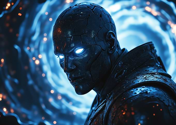 In a swirling vortex of dark blue, an interdimensional being slowly crumbles into pieces