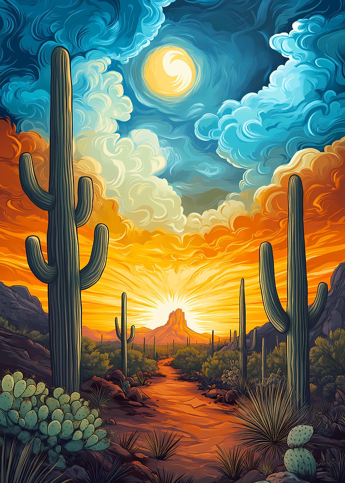 Desert Sunset with Cacti