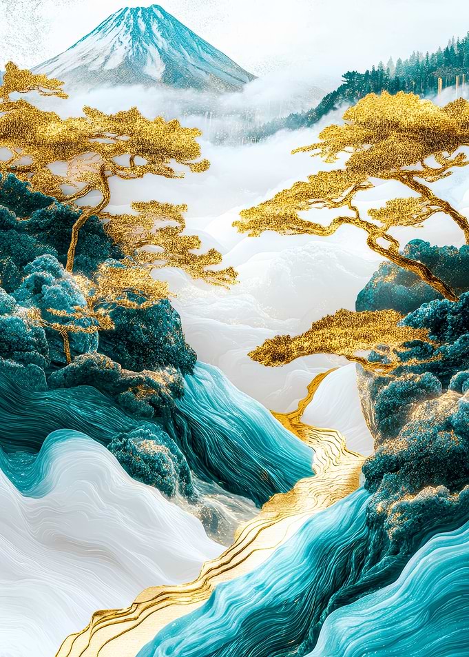 Mount Fuji Celestial Gold And Blue Art
