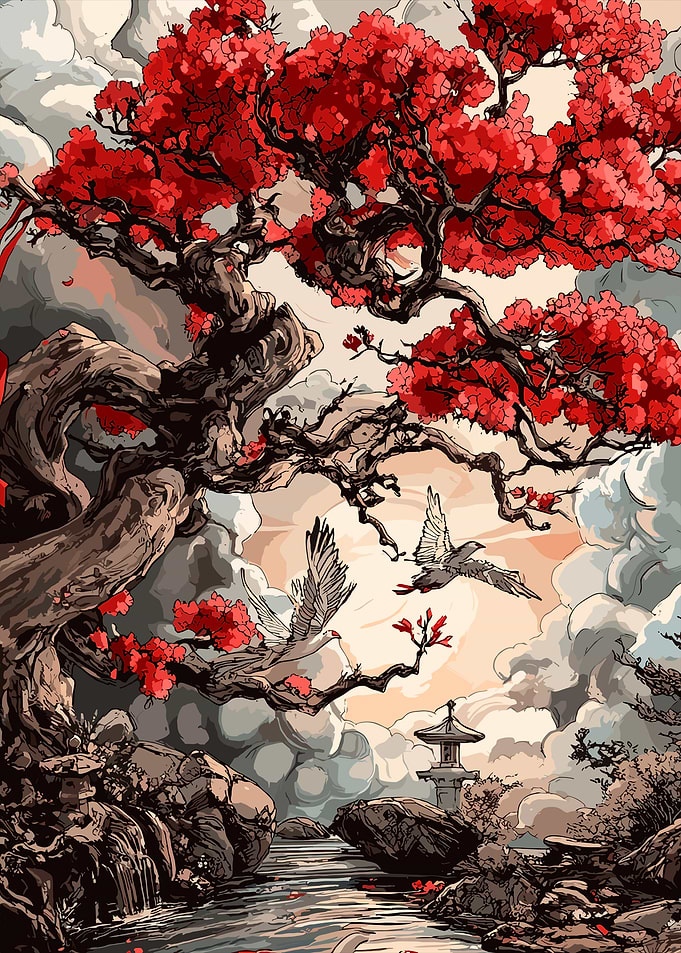 Japanese Garden with Cherry Blossoms