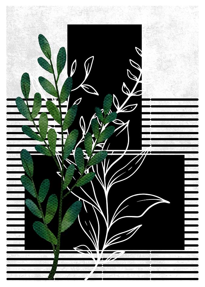 Green Leaves on Black and White Stripes