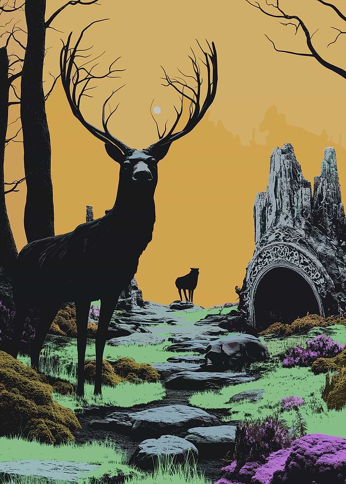Silhouetted Deer in a Mystical Forest