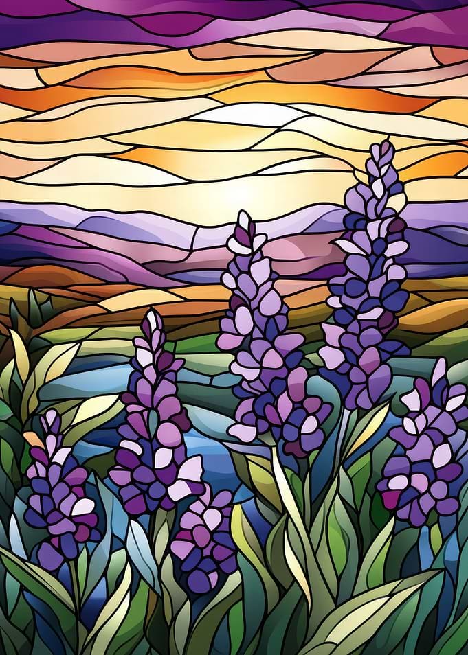 Stained Glass Sunset Landscape