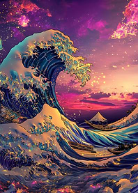 The Great Wave Synthwave Cyberpunk Artwork