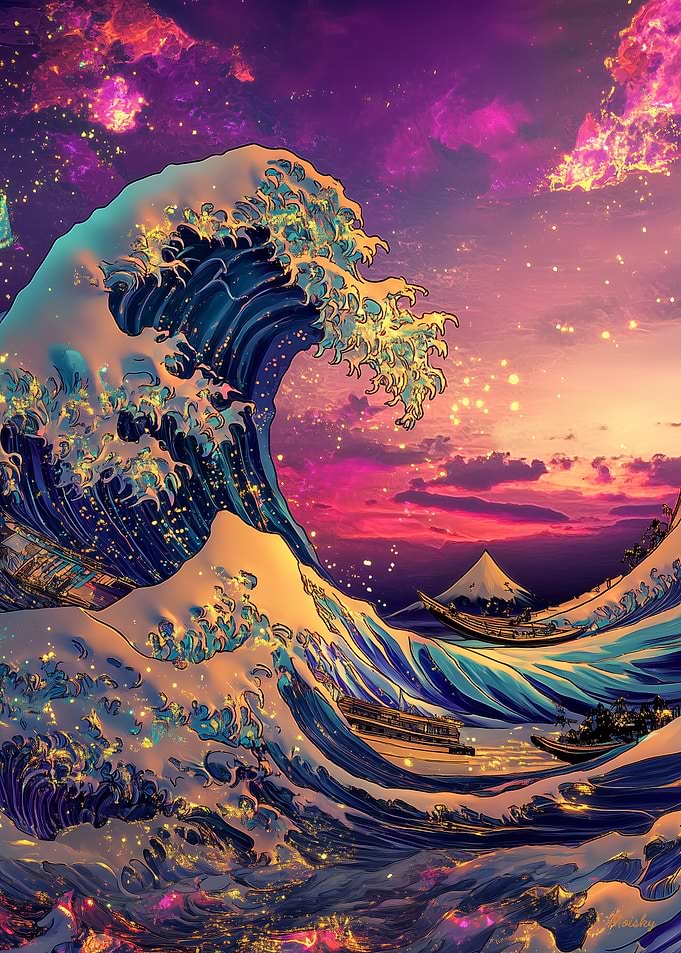The Great Wave Synthwave Cyberpunk Artwork