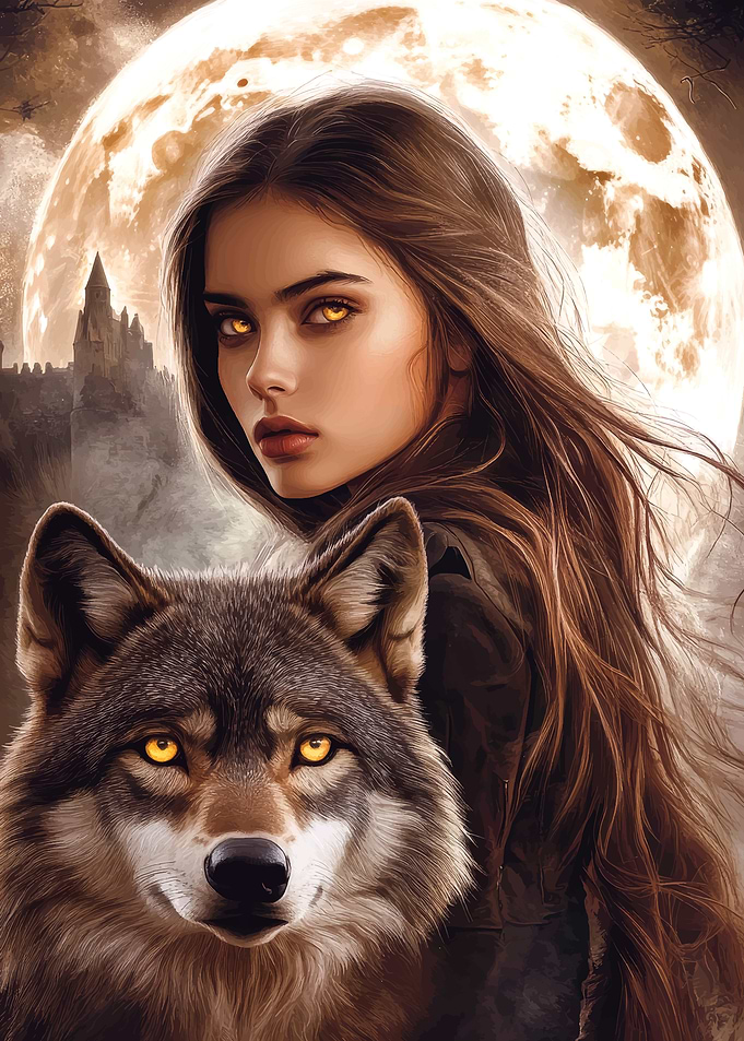 Wolf and Woman Under Moon