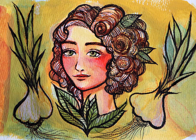 Watercolor Woman with Garlic