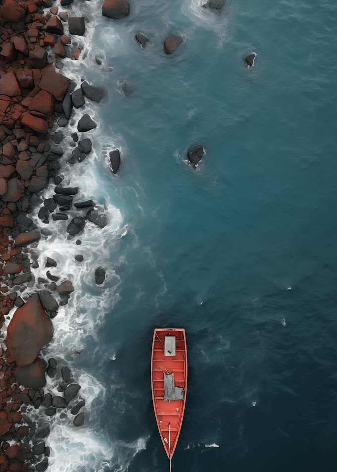 Red Boat on Near Rocky Shore